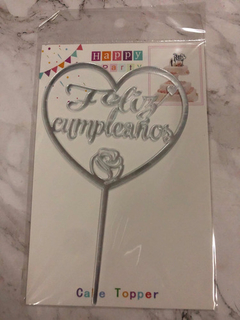Topper Feliz Cumpleaños Plateado Gibré - Cotillón Amorosi