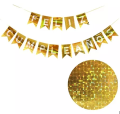 Banderin Feliz Cumpleaños Holografico Oro