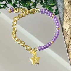 PULSERA FANTASIA DORADA ESTRELLA PERLAS VIOLETAS (18CM ALARGUE A 21CM) P1660