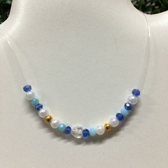 COLLAR TANZA PERLAS Y CRISTALES AZULES Y CELESTES(40CM ALARGUE A 45CM) CNA370