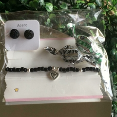 SET MAMA PULSERA CANUTILLOS DIJE CORAZONCITO PLATEADO, MAS AROS MA04