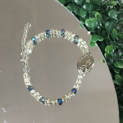 PULSERA BOLITAS PLATEADAS Y CRISTAL AZUL SAN BENITO (18CM ALARGUE 21CM) P2016