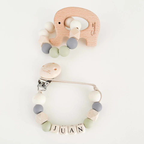 Porta chupete Personalizado y Mordillo - Musgo y Elefante
