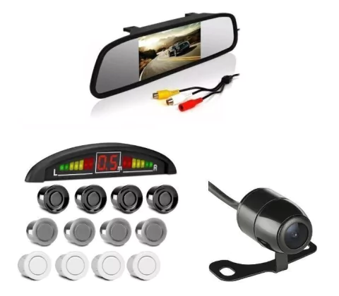 KIT ESPELHO RETROVISOR INTERNO TELA LCD 4.3 POLEGADAS UNIVERSAL + SENSOR DE ESTACIONAMENTO 4 PONTOS DISPLAY LED COLORIDO + CÂMERA DE RÉ 2 EM 1 PARA-CHOQUE OU BORBOLETA COLORIDA PRETA 12V