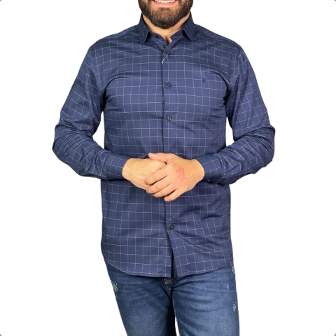Camisa Archemy Xadrez Manga Longa Marinho