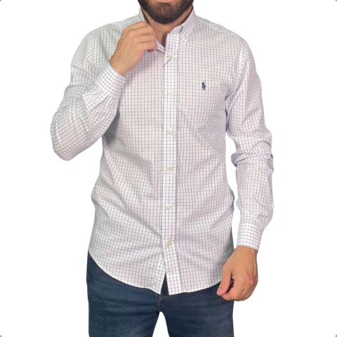 Camisa Ralph Lauren Xadrez Manga Longa Branca Com Marinho
