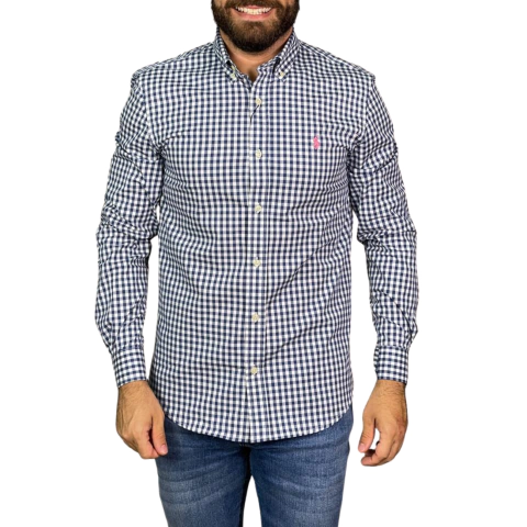 Camisa Ralph Lauren Xadrez Elastáno Manga Longa Marinho com Pony Rosa - comprar online