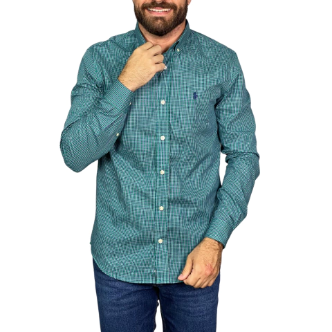Camisa Xadrez Ralph Lauren Manga Longa Verde Com Pony Marinho
