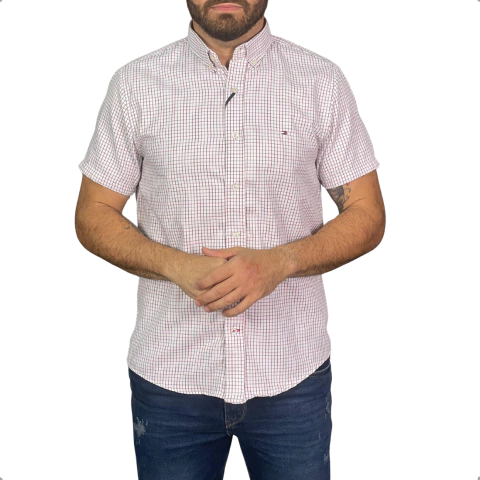 Camisa Xadrez Tommy Hilfiger Manga Curta Branco com Vermelho
