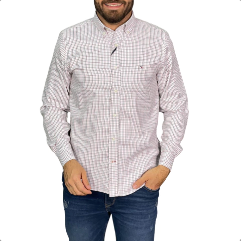 Camisa Xadrez Tommy Hilfiger Manga Longa Branca com Vermelho