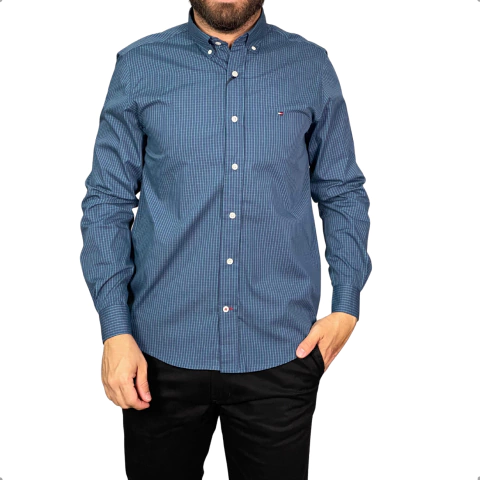 Camisa Xadrez Tommy Hilfiger Manga Longa Azul Turquesa