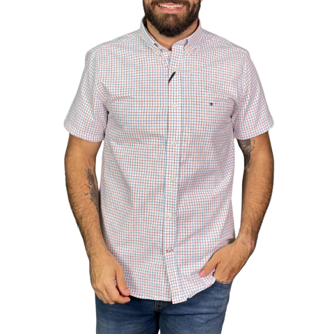 Camisa Oxford Tommy Hilfiger Xadrez Manga Curta azul e vermelho - comprar online