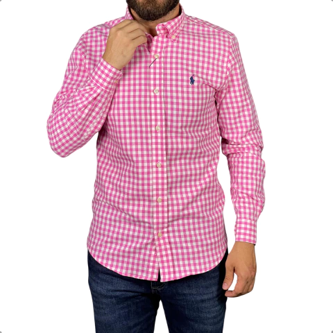 Camisa Xadrez Ralph Lauren Manga Longa Rosa Pony Marinho