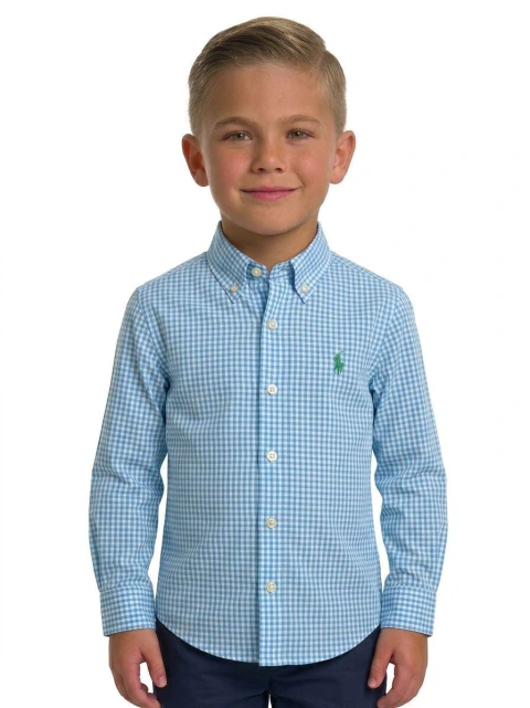 Camisa Xadrez RL Infantil Manga Longa Azul Pony Verde