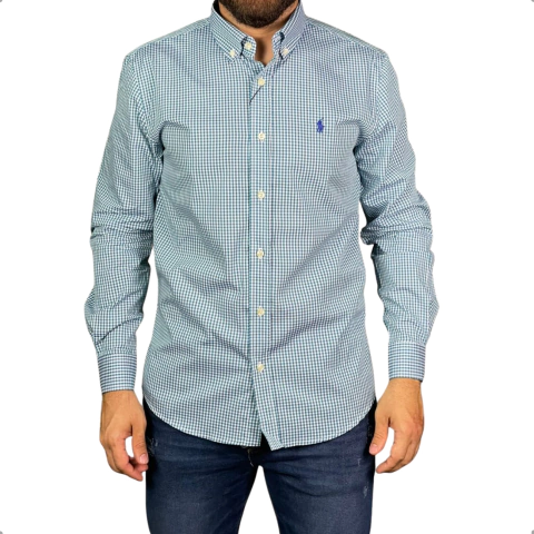 Camisa Xadrez Ralph Lauren Manga Longa Azul Pony Bic
