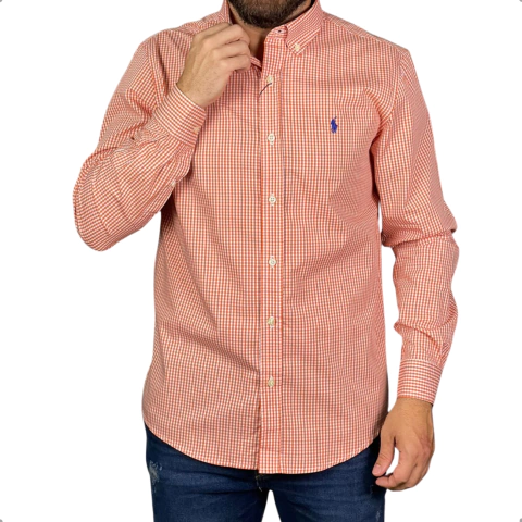 Camisa Xadrez Ralph Lauren Manga Longa Laranja Pony Bic