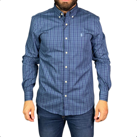 Camisa Xadrez Ralph Lauren Manga Longa Azul Pony Azul Clara