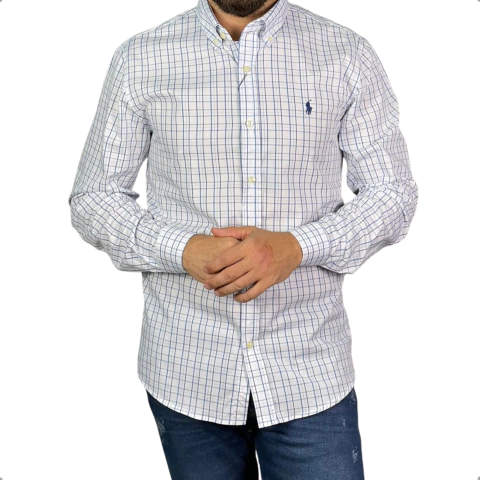 Camisa Xadrez Ralph Lauren Manga Longa Branca Pony Marinho
