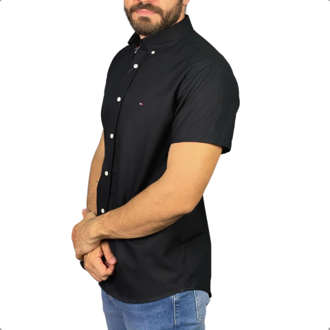 Camisa Tommy Hilfiger Oxford Manga Curta Preta - comprar online
