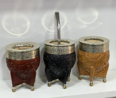 Mate imperial cuero labrado, base y bolita + bombilla - Mates Imperio Verde
