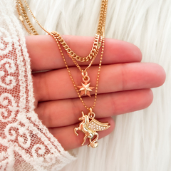 COLLAR TRIPLE ESTRELLA Y UNICORNIO STRASS - comprar online